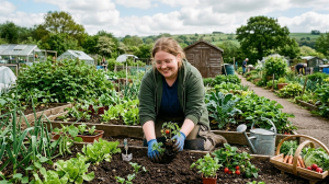 Woman gardening in a vibrant allotment, surrounded by green plants, tools, and a basket of freshly picked vegetables