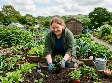 Woman gardening in a vibrant allotment, surrounded by green plants, tools, and a basket of freshly picked vegetables