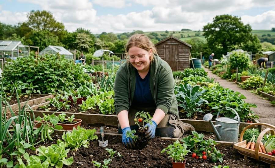 Woman gardening in a vibrant allotment, surrounded by green plants, tools, and a basket of freshly picked vegetables